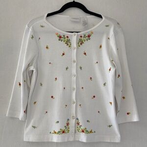 Liz Claiborne Button Up Sweater White w/ Embroidered Flowers 3/4 Sleeve Size M